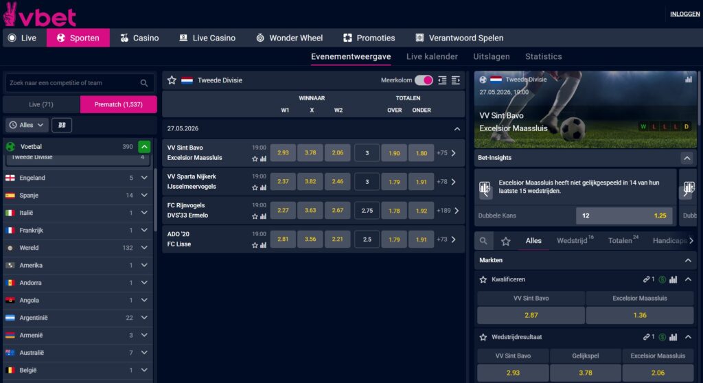 VBet wedden op WK - sportsbook interface