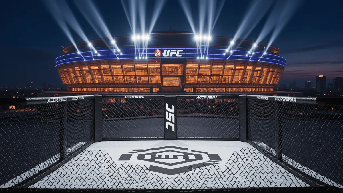 UFC octagon at Accor Arena Paris illuminated for heavyweight championship fight