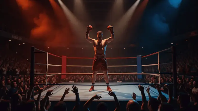 Kickboxing champion celebrates victory in spotlit ring at Rotterdam Ahoy arena during GLORY Collision 9