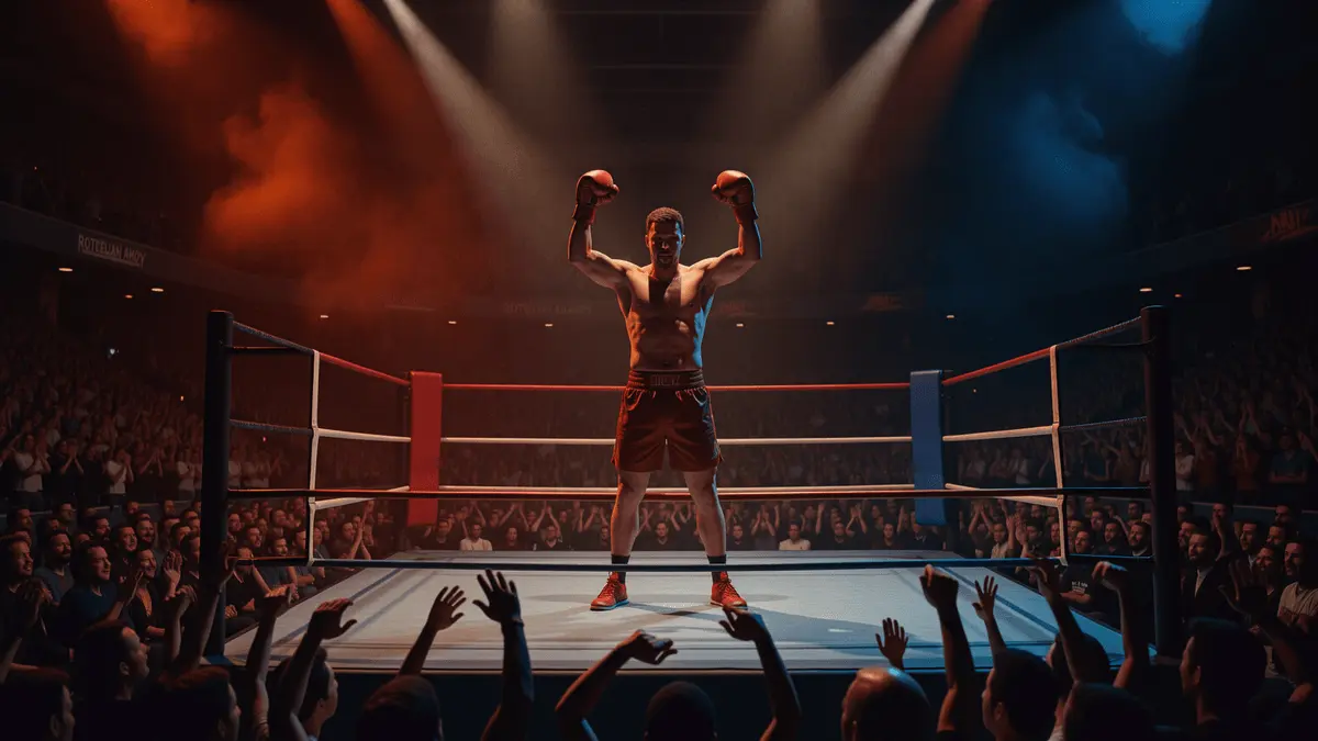Kickboxing champion celebrates victory in spotlit ring at Rotterdam Ahoy arena during GLORY Collision 9