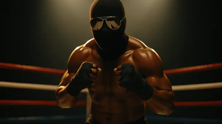 Mory Kromah kickboxer in black mask and sunglasses standing in GLORY championship ring