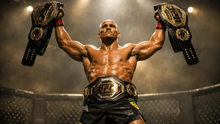 Alex Pereira holding three UFC championship belts in dramatic octagon lighting