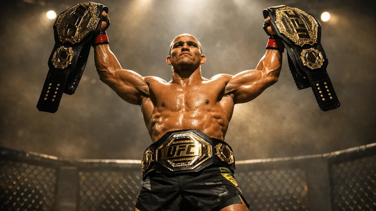 Alex Pereira holding three UFC championship belts in dramatic octagon lighting