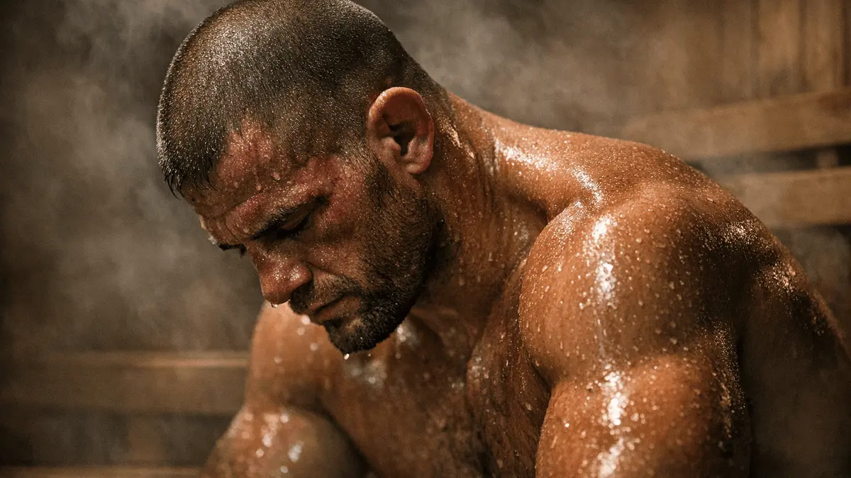 Exhausted MMA fighter during intense weight cut in sauna showing physical strain