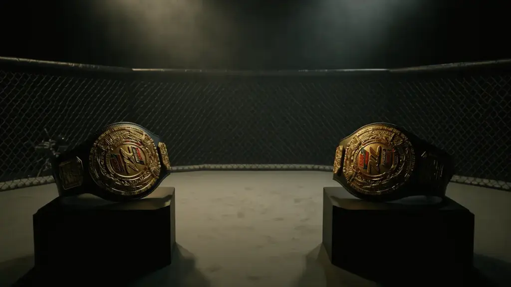 UFC championship belts illuminated in dramatic lighting before octagon cage