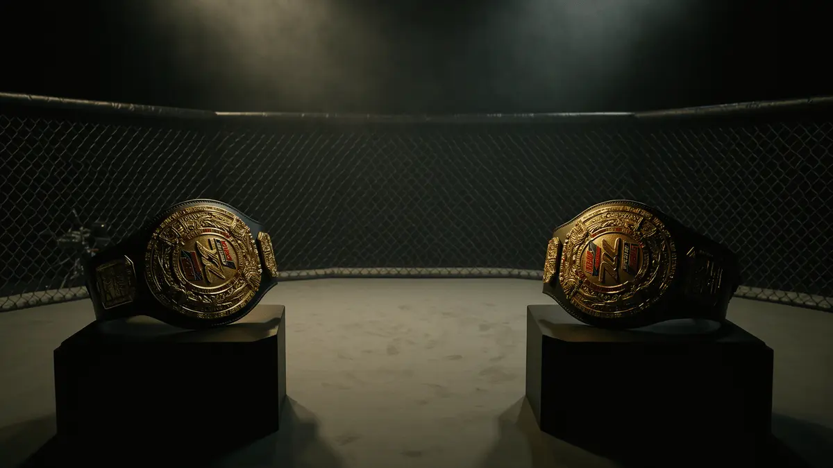 UFC championship belts illuminated in dramatic lighting before octagon cage