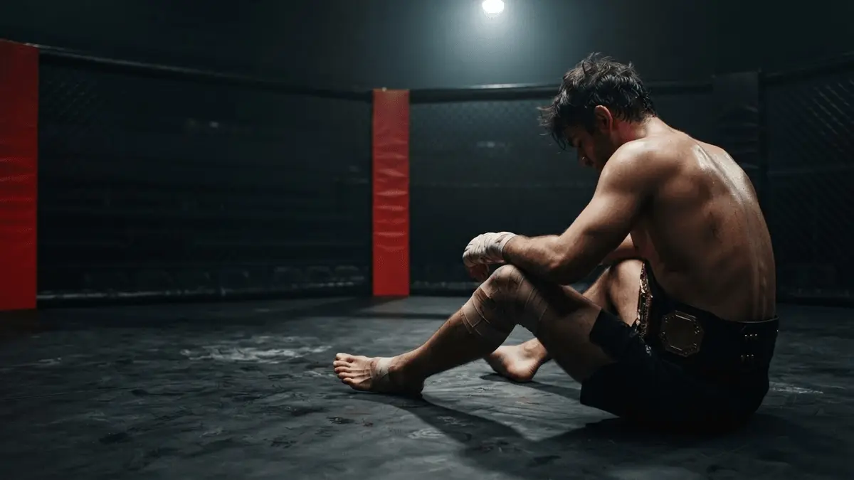 MMA-kampioen met titelriem staat geblesseerd in een lege kooi en twijfelt over zijn volgende titelverdediging