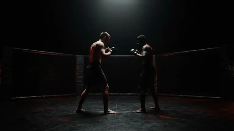Twee anonieme MMA-vechters staan tegenover elkaar in een octagon in afwachting van een officiële UFC-bevestiging.