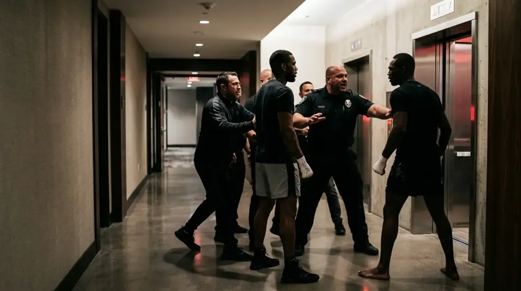 Tense hotel confrontation between two MMA fighters as security separates them before their UFC bout