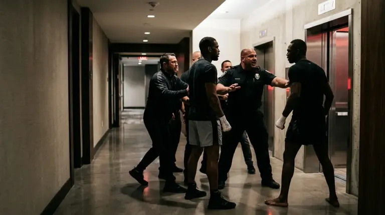 Tense hotel confrontation between two MMA fighters as security separates them before their UFC bout