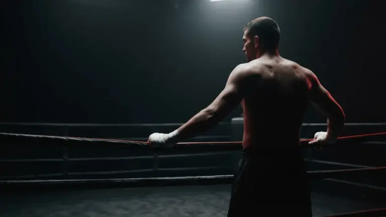 Silhouet van een vechter in een bare-knuckle-ring met rood-zwart licht