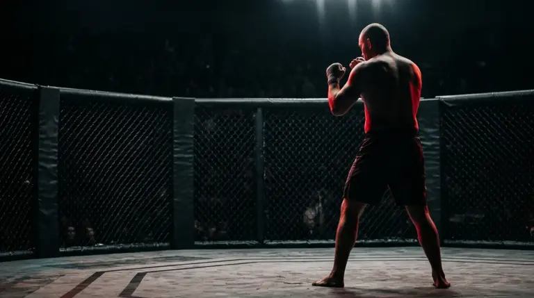 An anonymous MMA fighter stands inside the cage before beginning a new career chapter.