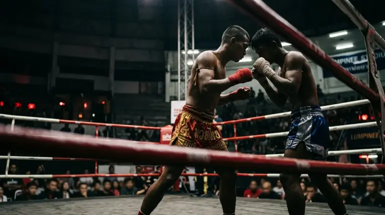 Anonieme Muay Thai-vechters staan tegenover elkaar in een gespannen rematch in Lumpinee Stadium