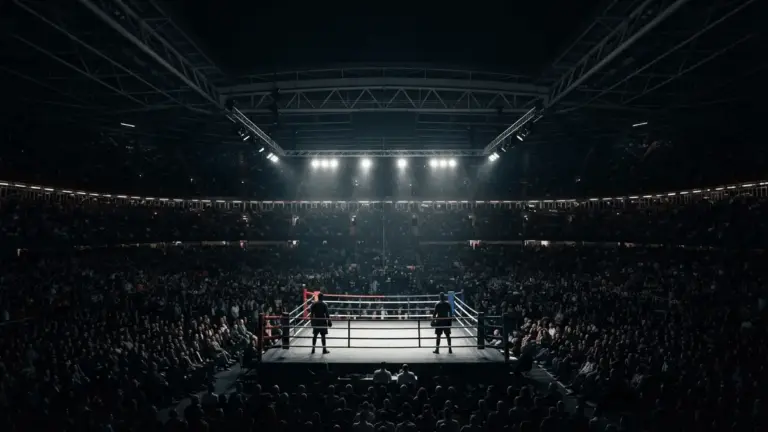 Verlichte boksring in een vol Principality Stadium in Cardiff tijdens een laat avondgevecht
