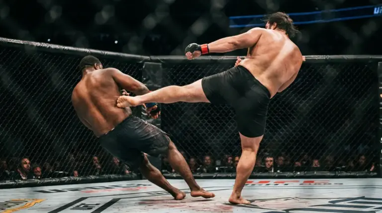 Anonieme MMA-vechter scoort een beslissende spinning back kick in een kooi