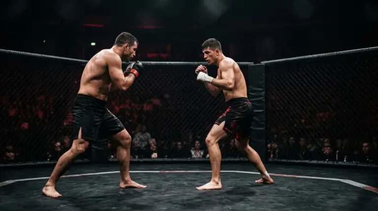 Twee MMA-vechters staan tegenover elkaar in een gespannen vijf-rondenhoofdpartij in een octagon.