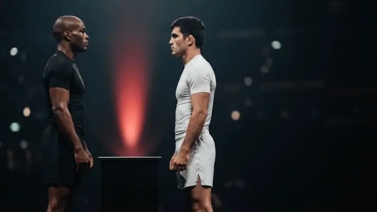 Twee MMA-vechters tijdens een gespannen weegmoment voor hun hoofdpartij in UFC Vegas 121
